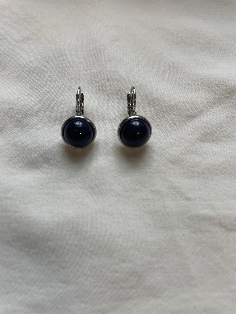 Talbots Silver Drop Earrings with Dark Blue Cabochons
